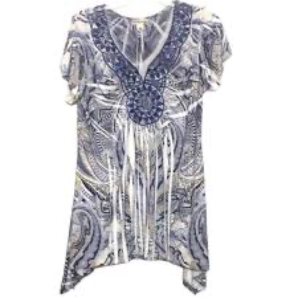 🌞 World Unity blue white blouse bling v-neckline paisley short sleeves women M